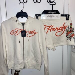 NWT Ed Hardy Off-White Hoodie and Shorts with Red Logo
